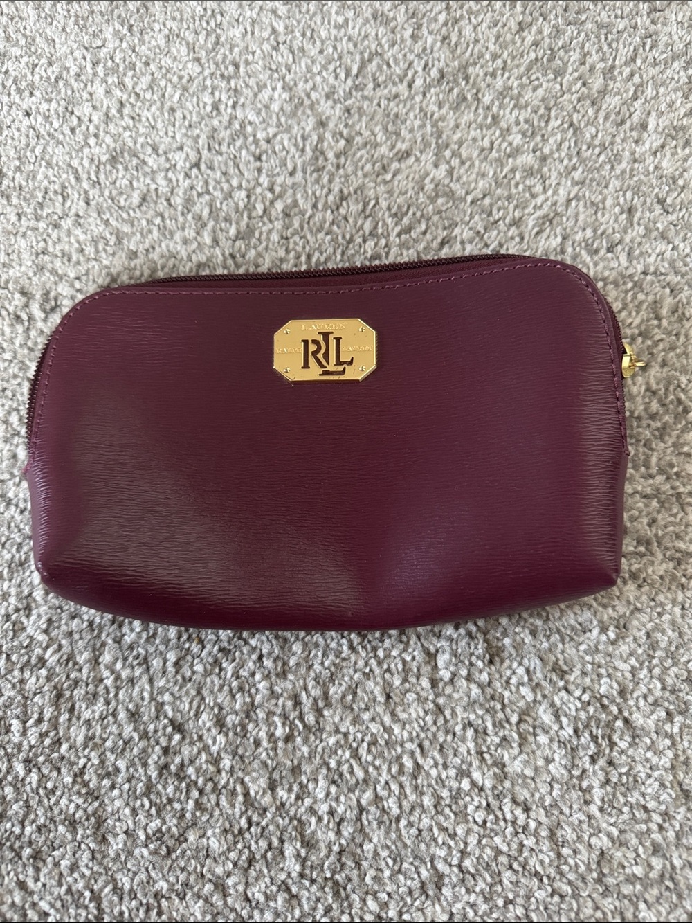 Ralph Lauren Burgundy Leather Cosmetic Pouch with Gold RLL Plate